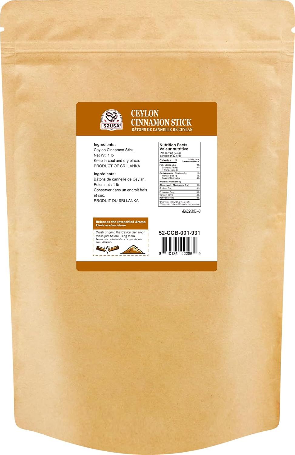 52USA Ceylon Cinnamon Sticks 1 Lb (16 oz), Whole Ceylon Cinnamon Stick, Perfect for Baking, Cooking & Beverages, Non-GMO, Kosher Certified - Cassia Cinnamon from Sri Lankan (453g)