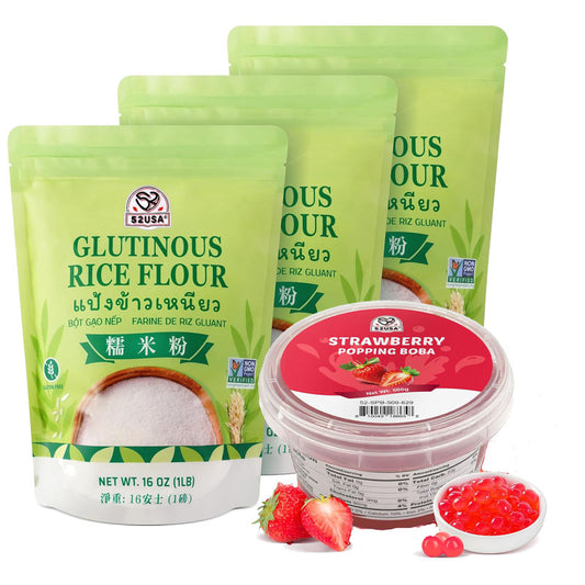 52USA DIY Sweet Treats Duo: Glutinous Rice Flour 3lb (3 Pack) + Strawberry Popping Boba 500g – Mochi, Rice Cakes & Bubble Tea Kit