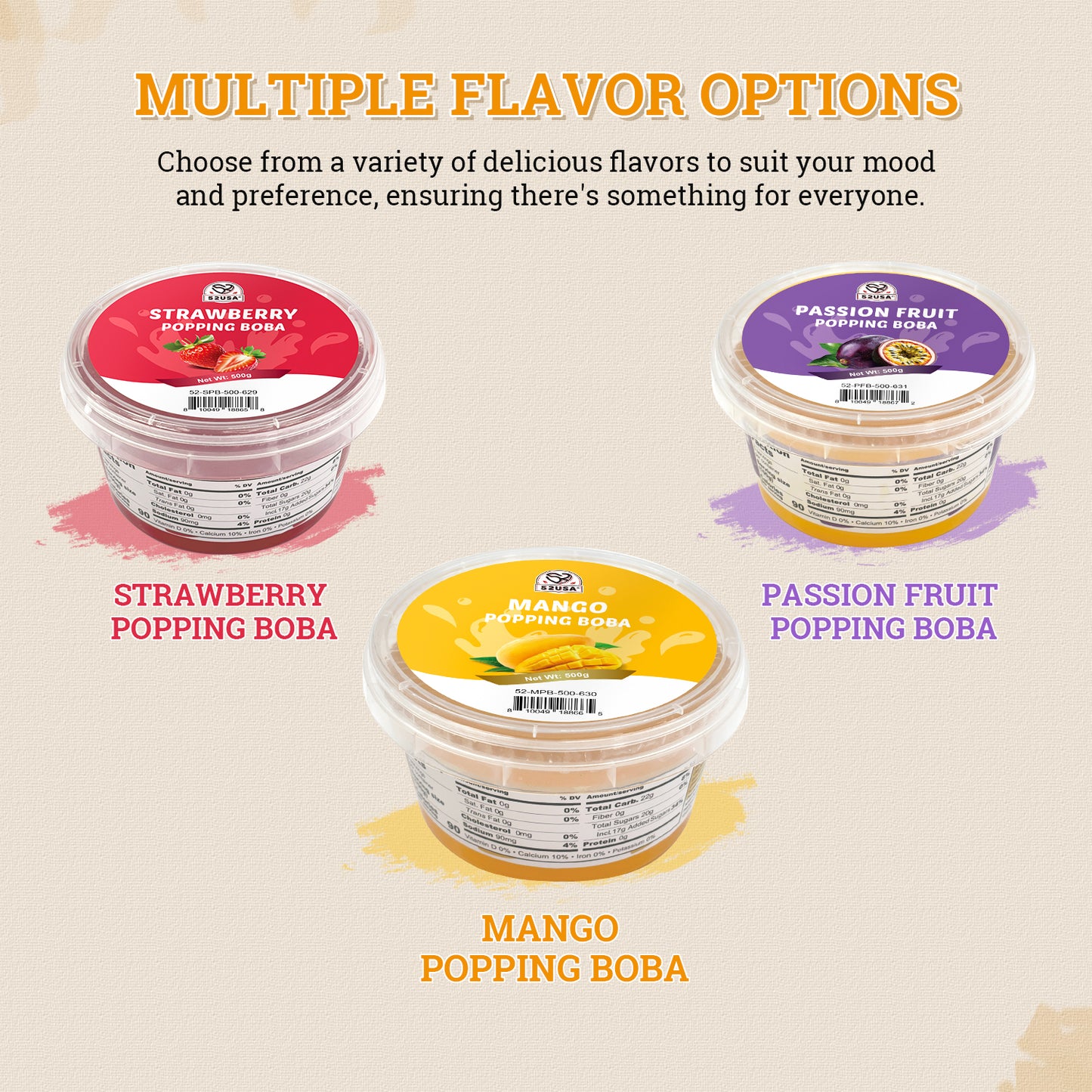 52USA Summer Burst Boba Trio: Lychee Popping Boba 500g (2 Pack) + Mango Popping Boba 500g (1 Pack) – 3-Pack Cool-Down Drink Topper