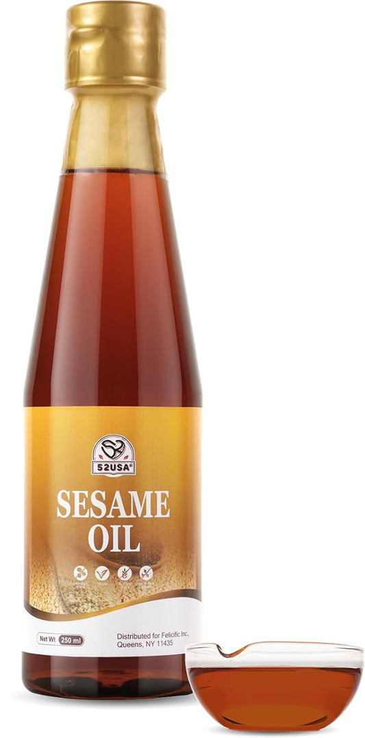 52USA Sesame Oil, Toasted Sesame Oils, Sesames Oil Cooking, 8.45 Fl Oz (250 ml)–Premium Toasted Sesame Seed Oil, Aromatic & Nutty Flavor, 100% Pure Sesame Oil, Ideal for Asian Cooking, Baking, Soup