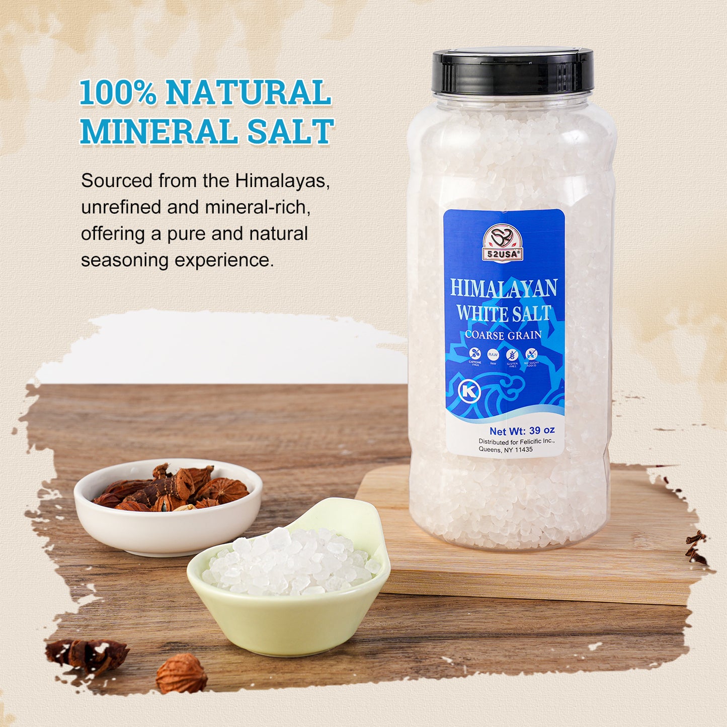 52USA Himalayan White Salt Coarse, Sea Salt for Grinder Refill, 39 oz (2.4 Pound), Pure Nature Himalayan Salts, Coarse Salts Perfect for Cooking, BBQ, Baking, Kosher Salt