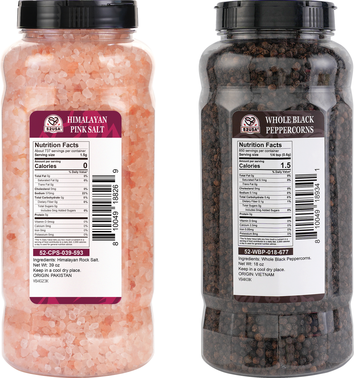 52USA Black Peppercorns 18oz + Himalayan Pink Salt 39oz