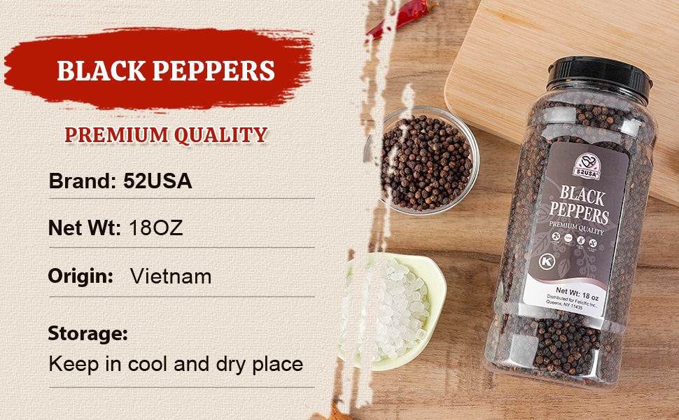52USA Whole Black Peppercorns, 18oz (Pack of 1), Peppercorns for Grinder Refill, Gluten-Free, Kosher, Non-GMO, All Natural Black Pepper, Perfect for Cooking & Seasoning