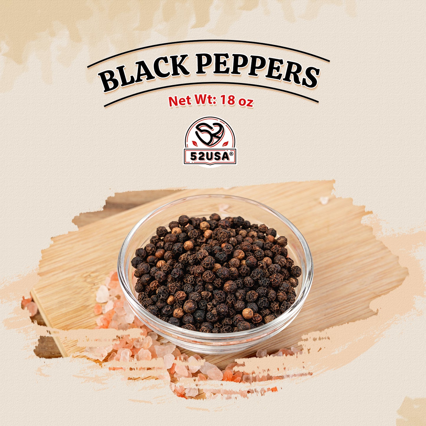 52USA Whole Black Peppercorns, 18oz (Pack of 1), Peppercorns for Grinder Refill, Gluten-Free, Kosher, Non-GMO, All Natural Black Pepper, Perfect for Cooking & Seasoning