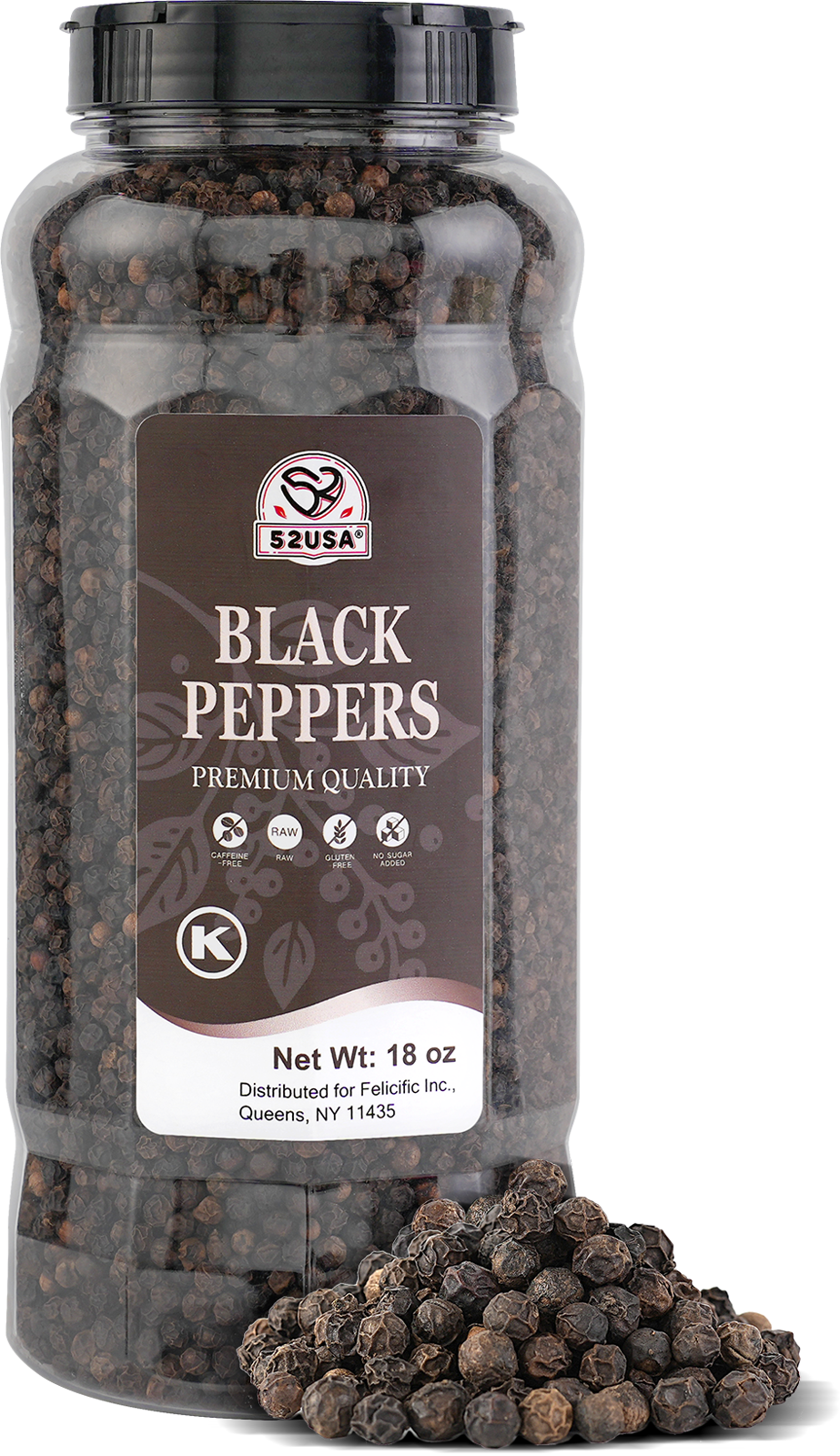 52USA Whole Black Peppercorns, 18oz (Pack of 1), Peppercorns for Grinder Refill, Gluten-Free, Kosher, Non-GMO, All Natural Black Pepper, Perfect for Cooking & Seasoning