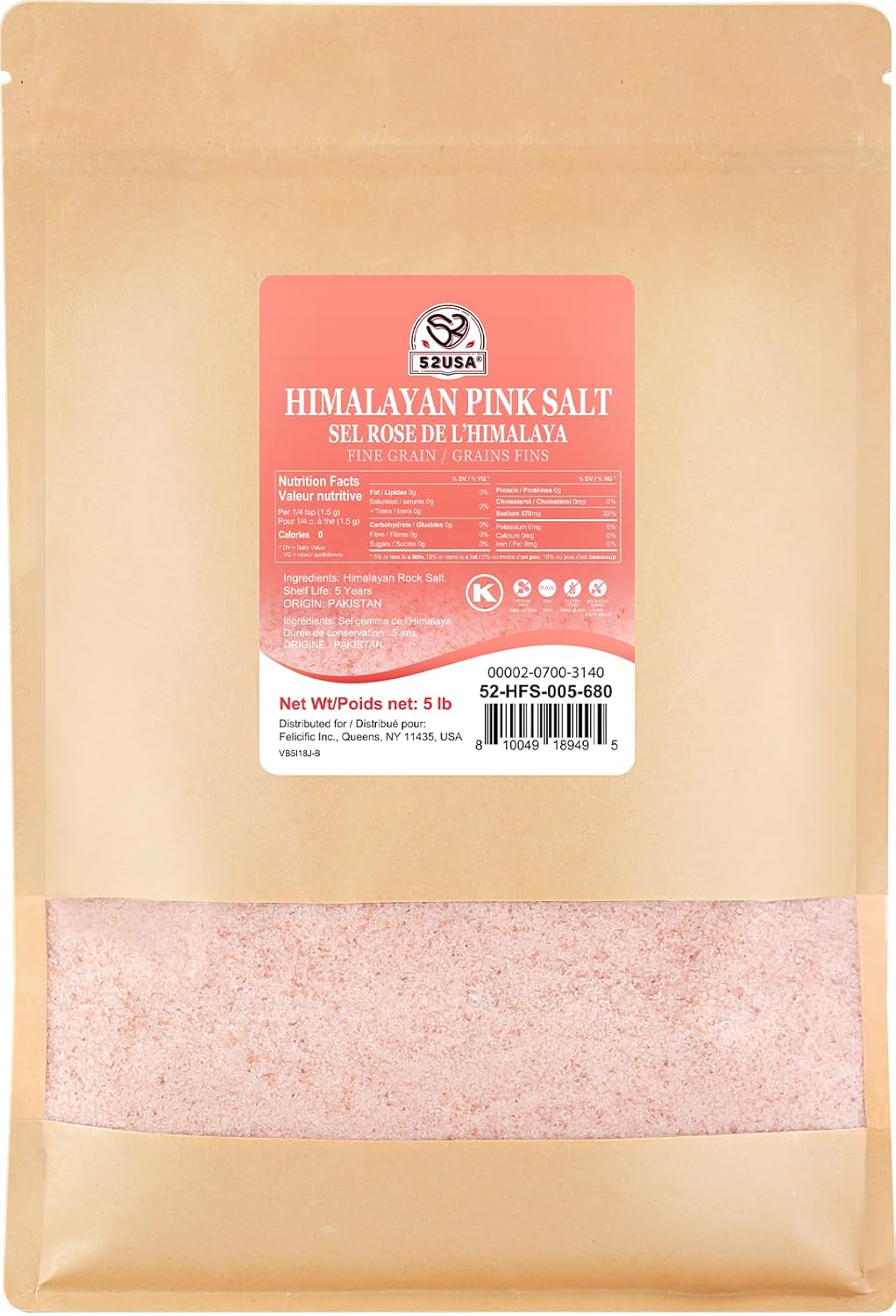 52USA Himalayan Pink Salt, Fine Grain, 80 oz (5 Pound), Pink Himalayan Sea Salt Fine, Kosher Salt, Rock Salt
