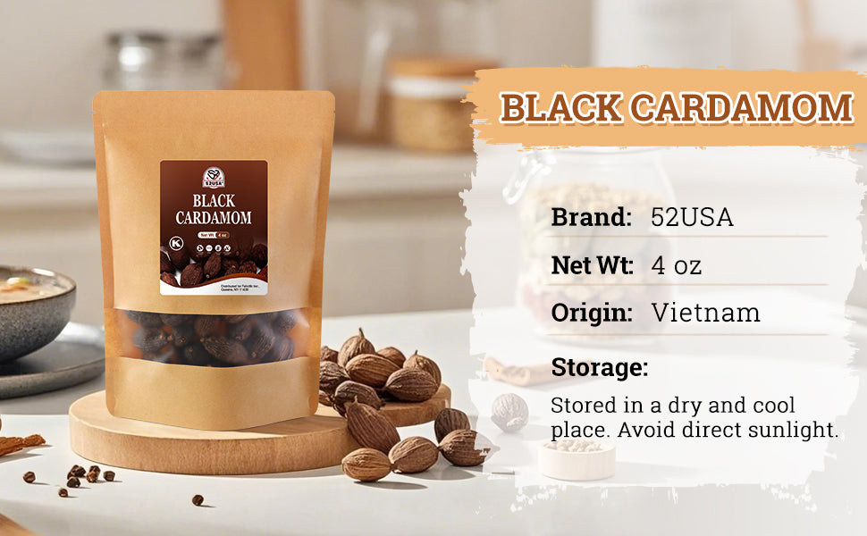 52USA Black Cardamom Pods, 4oz in Kraft Bag, NON GMO Verified, Black Cardamom Seeds - 100% Pure, Aromatic & Natural, Whole Cardamom Pods for Authentic Asian, Indian, and Global Cooking