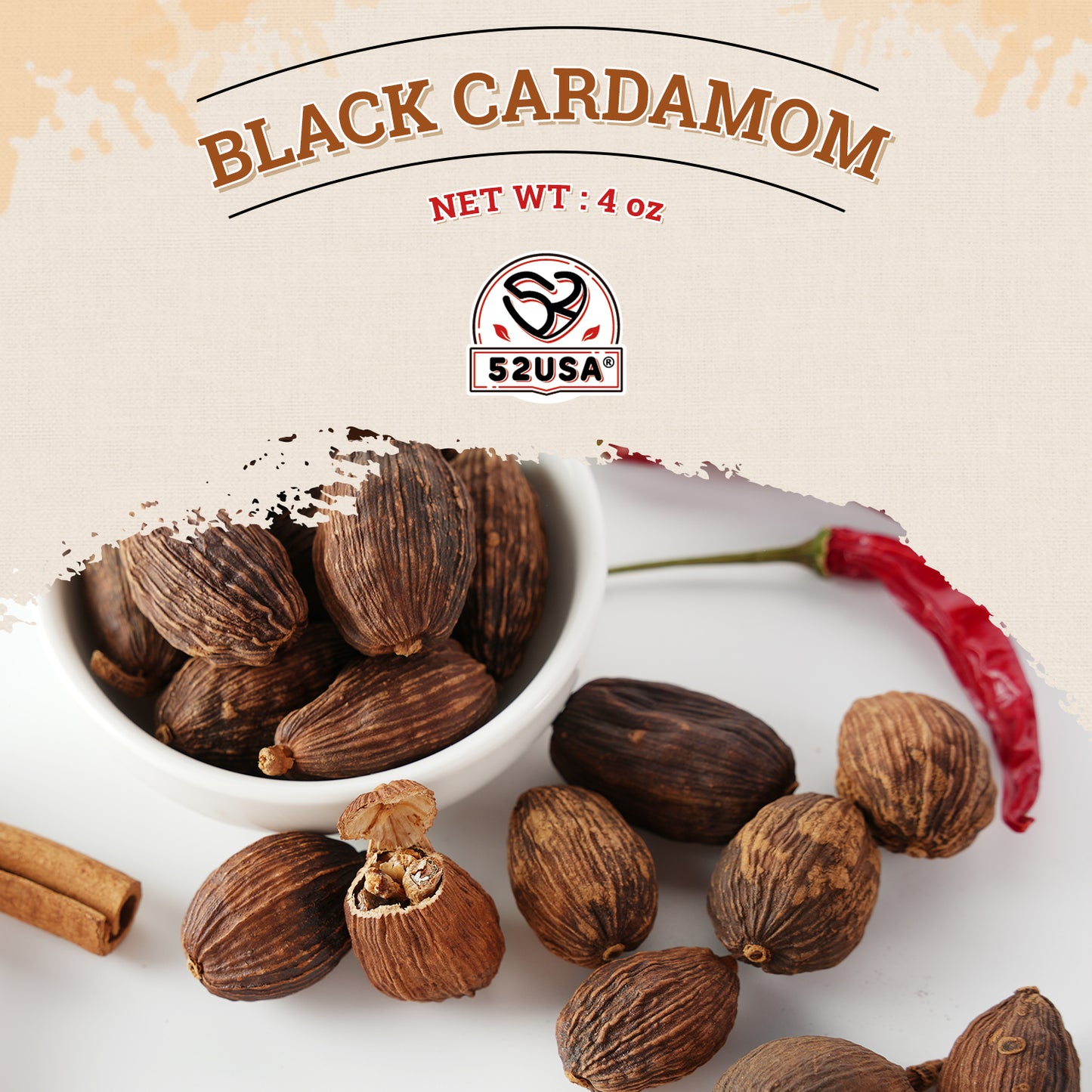 52USA Black Cardamom Pods, 4oz in Kraft Bag, NON GMO Verified, Black Cardamom Seeds - 100% Pure, Aromatic & Natural, Whole Cardamom Pods for Authentic Asian, Indian, and Global Cooking