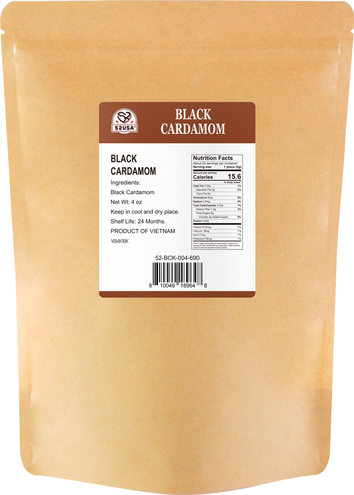 52USA Black Cardamom Pods, 4oz in Kraft Bag, NON GMO Verified, Black Cardamom Seeds - 100% Pure, Aromatic & Natural, Whole Cardamom Pods for Authentic Asian, Indian, and Global Cooking