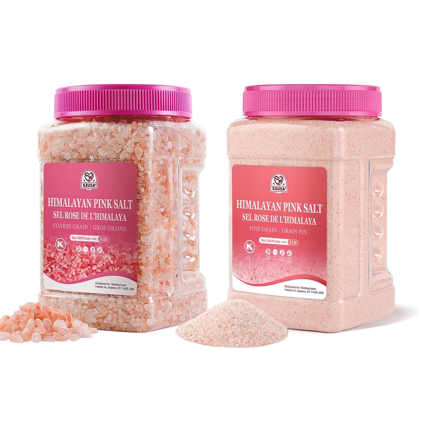 52USA Himalayan Pink Salt Bundle, Himalayan Pink Salts Coarse 5LB + Himalayan Pink Salts Fine 5LB, 100% Pure Unrefined Pink Salt, Kosher & Natural Certified, Kosher Salt for Cooking & Grinder Refill