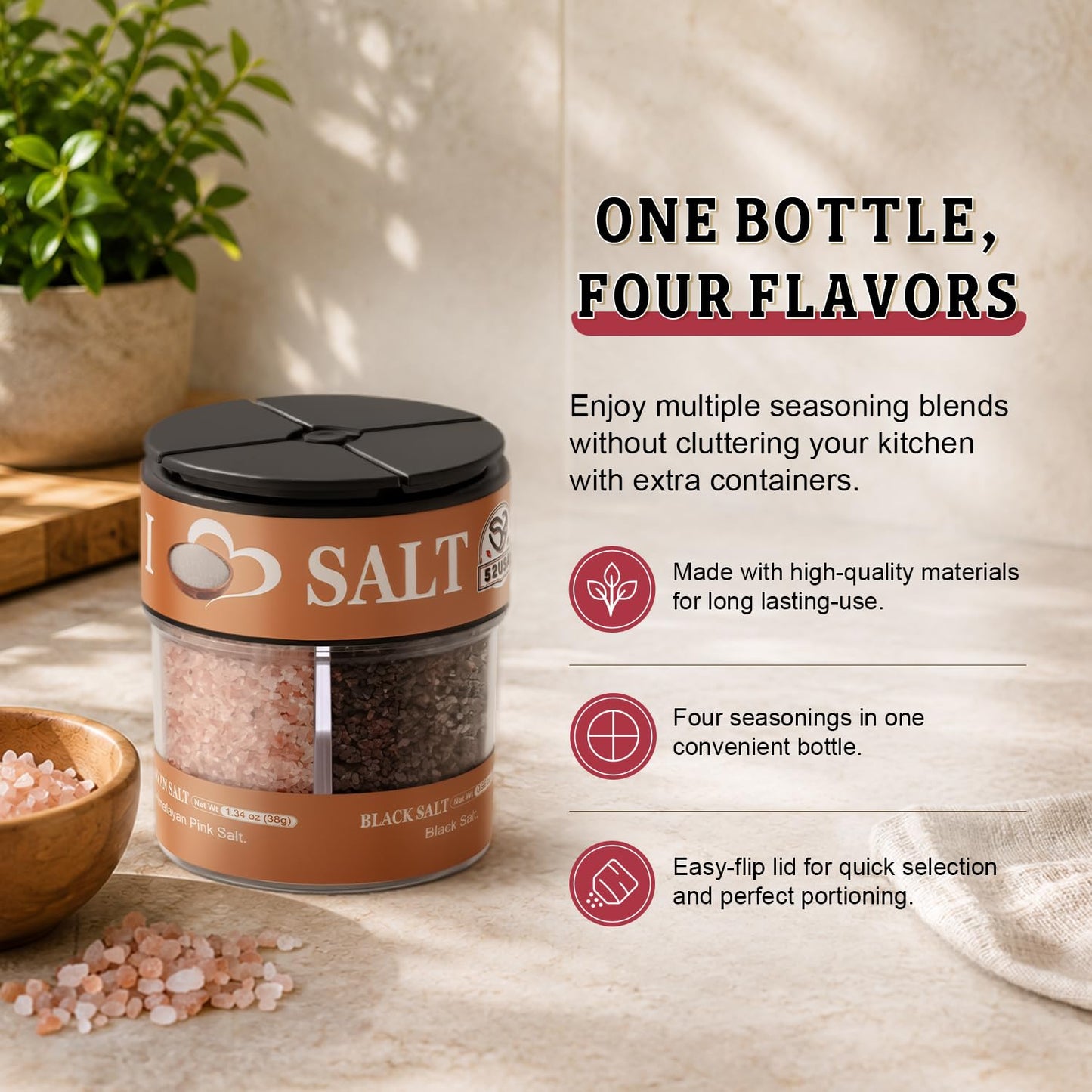 52USA 4-in-1 Seasoning Shaker Set of 3, Assorted Multi Flavor Spice Blends–Himalayan & Black Salt, Garlic & Chili Pepper, Salt Pepper Pasta Mix, All Purpose Condiment Kit for Cooking Grilling Pasta