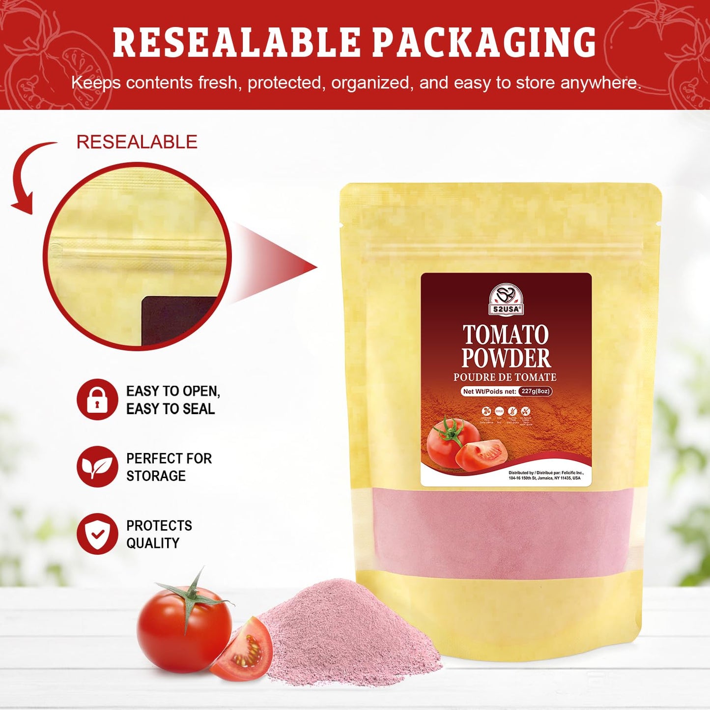 52USA Tomato Powder, 8oz, Dried Tomato Powder for Cooking, 100% Natural | Rich Tomato Flavor, Fine Tomatoes Powder, Great for Baking, Resealable Pouch, Non-GMO, Vegan Friendly, Gluten Free, Bulk Size