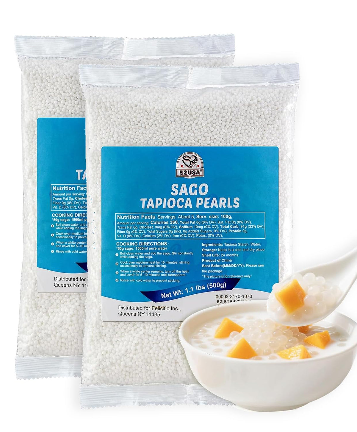 52USA Sago Pearls (Small Tapioca Pearls) 1.1 lb (500 g) - 2pack