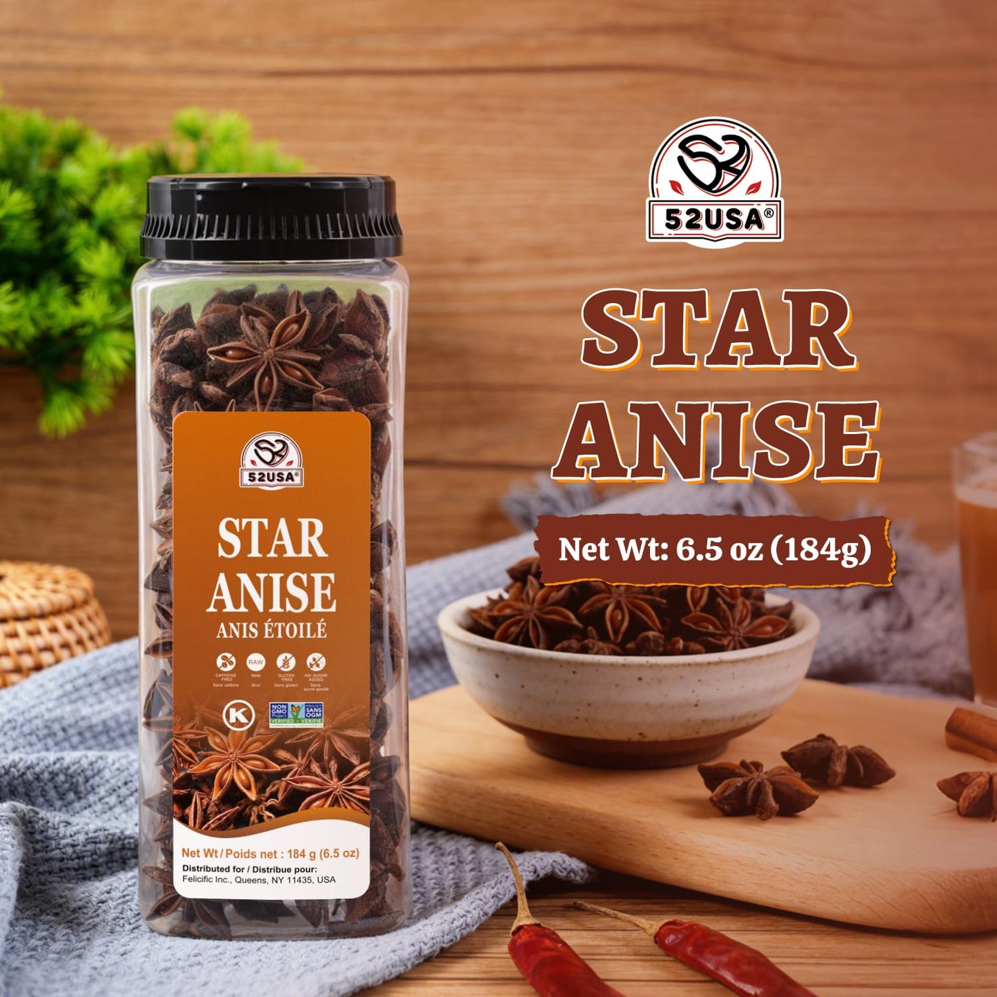 52USA Whole Chinese Star Anise Pods, 6.5oz (184g), Non-GMO Dried Spice