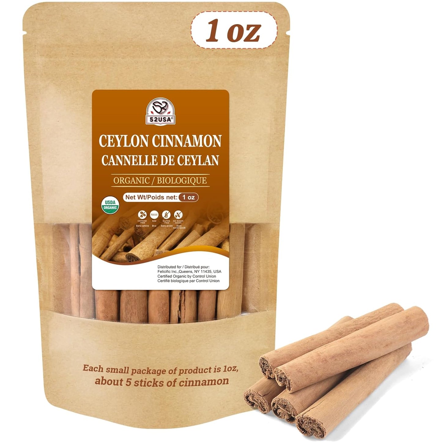 52USA Organic Ceylon Cinnamon Sticks, 1 Ounce (Pack of 1) | True Cinnamon Farmed in Sri Lanka, Whole Cinnamon Sticks Bulk, Vegan, Non GMO, 28g