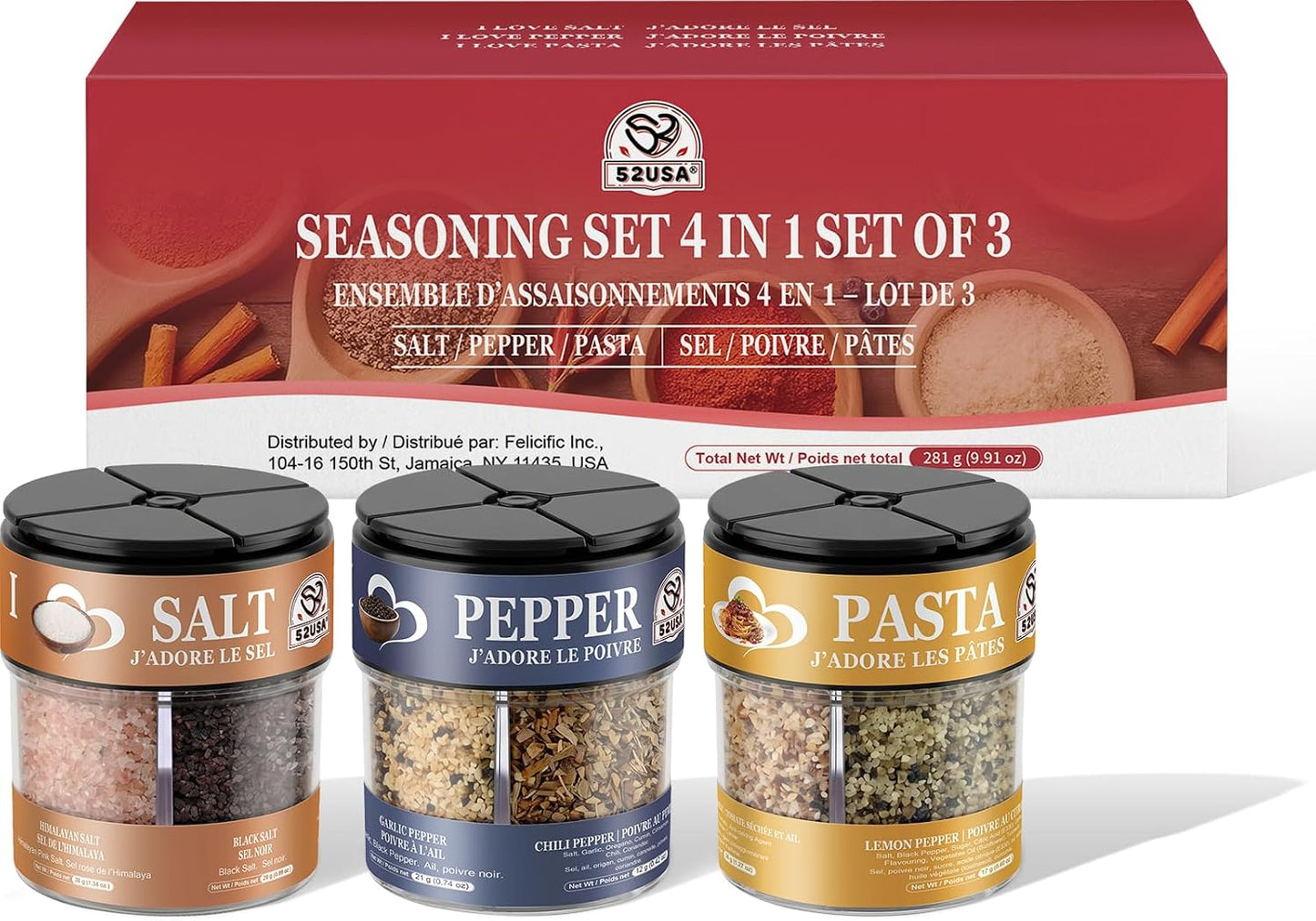 52USA 4-in-1 Seasoning Shaker Set of 3, Assorted Multi Flavor Spice Blends–Himalayan & Black Salt, Garlic & Chili Pepper, Salt Pepper Pasta Mix, All Purpose Condiment Kit for Cooking Grilling Pasta