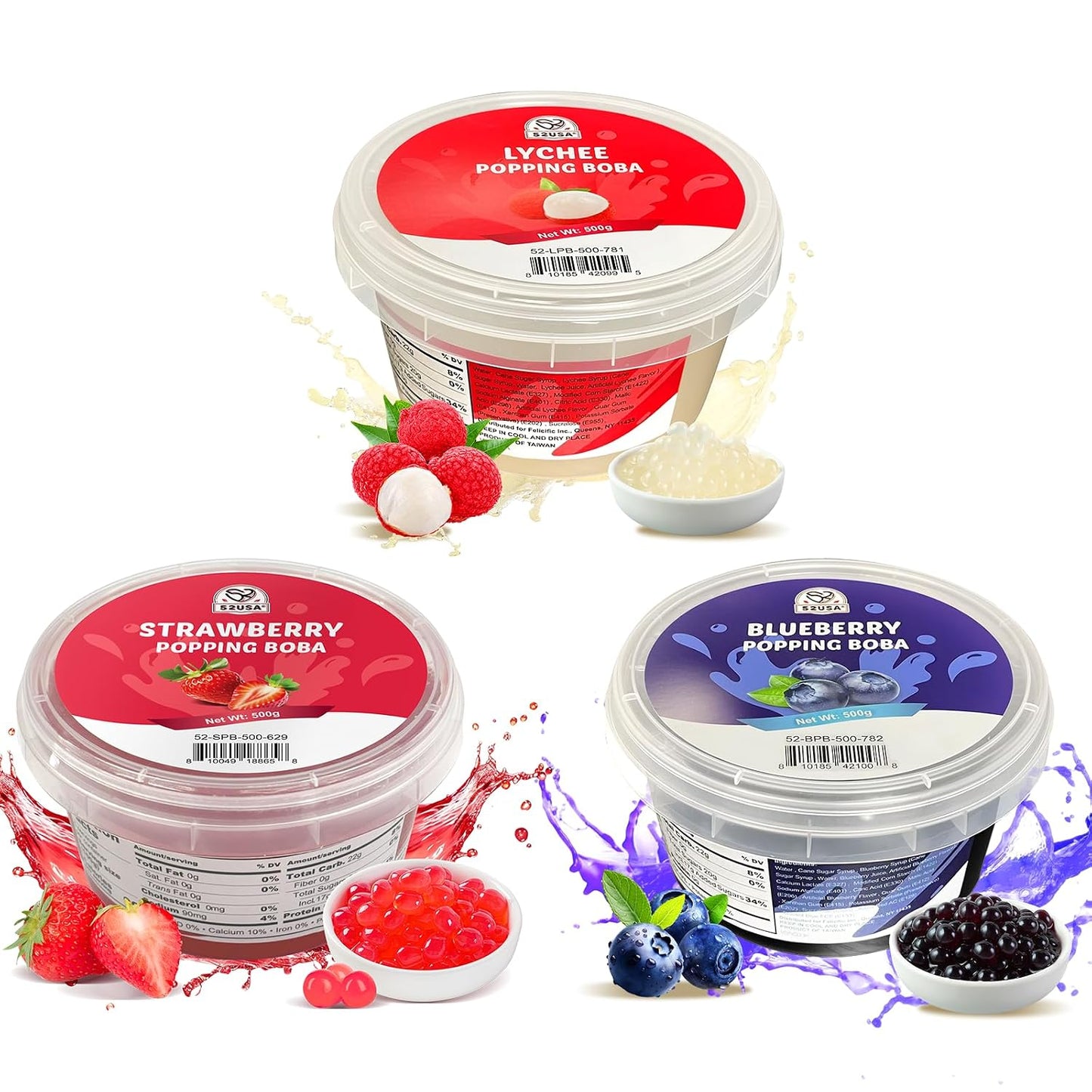 52USA Strawberry, Lychee, Blueberry Popping Boba Pearls, Perfect for Bubble Tea, Smoothies, Ice Cream, Desserts, and Beverages 3.3 lb (1.1 lb X 3)