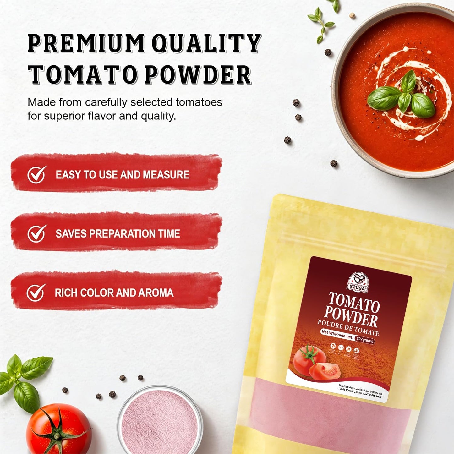 52USA Tomato Powder, 8oz, Dried Tomato Powder for Cooking, 100% Natural | Rich Tomato Flavor, Fine Tomatoes Powder, Great for Baking, Resealable Pouch, Non-GMO, Vegan Friendly, Gluten Free, Bulk Size