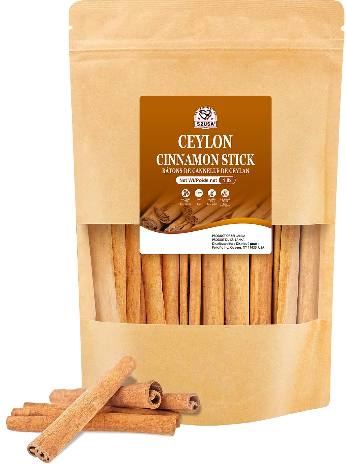 52USA Ceylon Cinnamon Sticks 1 Lb (16 oz), Whole Ceylon Cinnamon Stick, Perfect for Baking, Cooking & Beverages, Non-GMO, Kosher Certified - Cassia Cinnamon from Sri Lankan (453g)