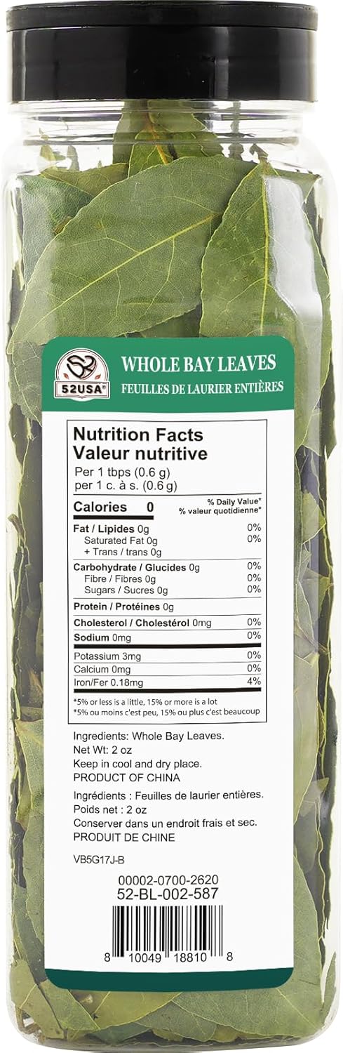 52USA Bay Leaves 2 oz, Whole Bay Leaves, All Natural, Gluten Free, Caffeine Free, No Sugar, Laurel Herbs for Cooking