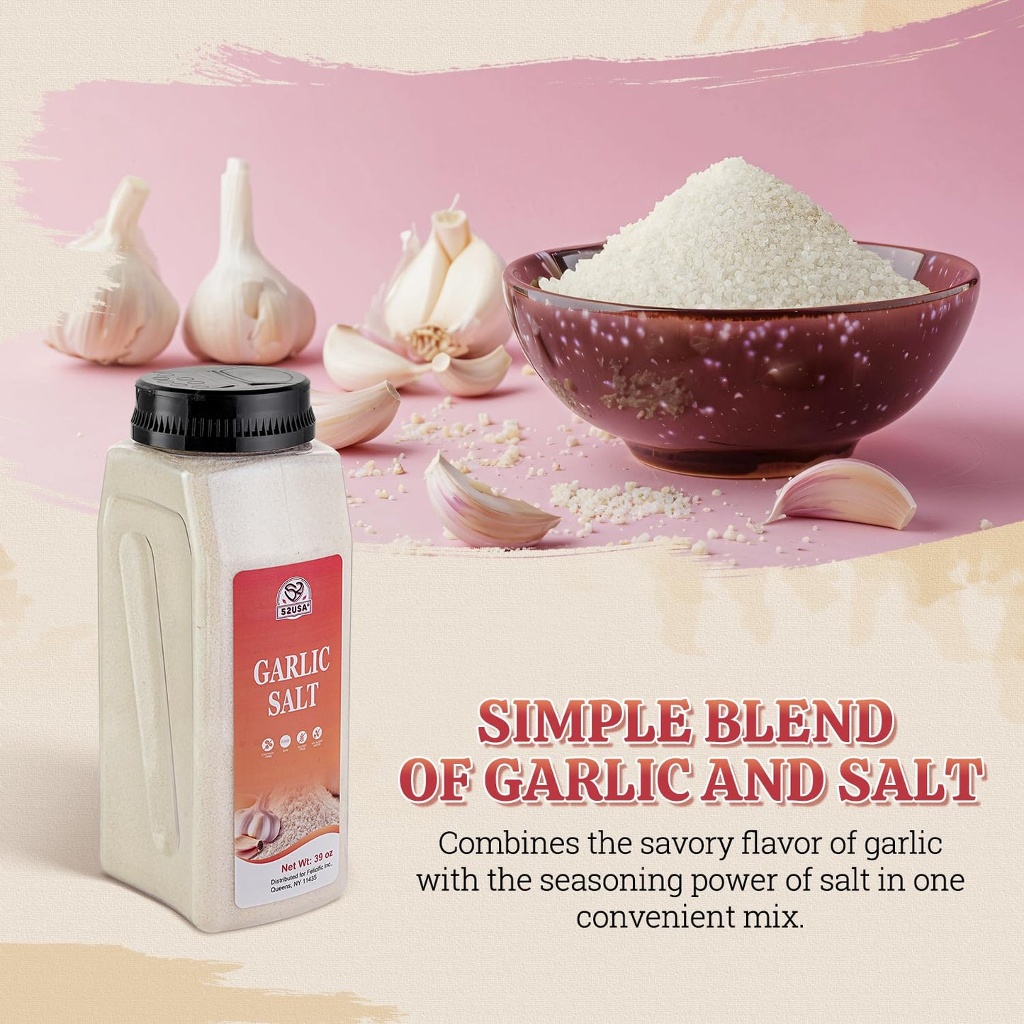 52USA Garlic Salt 39 Ounce(1.1 kg), Garlic Salt Bulk Seasoning, Fine Ground Salt Garlic, No MSG Added, Non-GMO, Kosher, Gluten Free, Flavorful Salt for Soups, Vegetables, Meats, Breads and More
