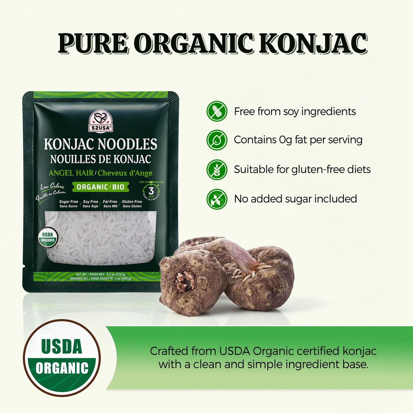 52USA Organic Konjac Angel Hair Noodle, 6-Pack (52.8 oz Total) – Low Carb, USDA Organic, Keto Friendly, Vegan, Sugar-Free, Gluten-Free, Ready to Eat, Shirataki Pasta