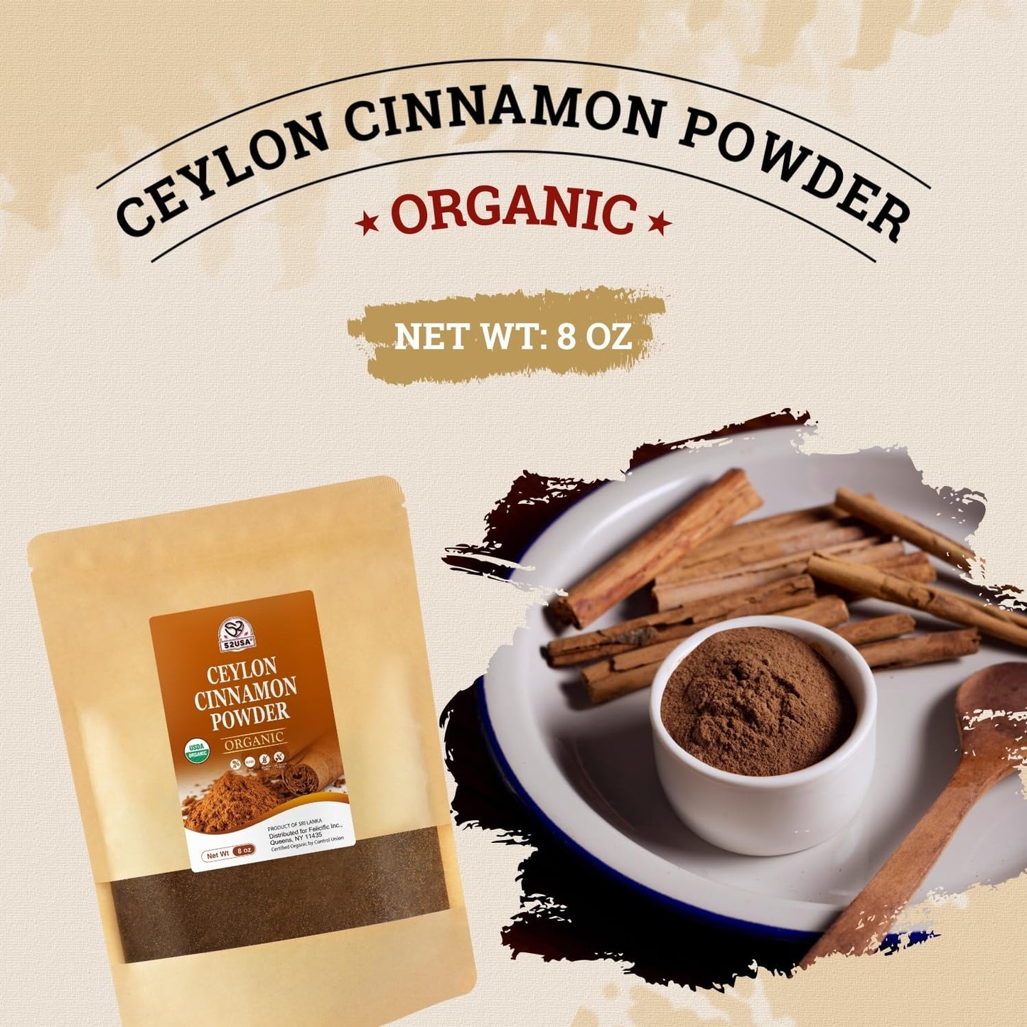 52USA Organic Ceylon Cinnamon Powder, USDA & Kosher Certified, 8 oz Bag True Cinnamon from Sri Lanka, Premium Grade, Non-GMO, Gluten-Free, Low Coumarin, for Coffee, Baking, Cooking, Beverages