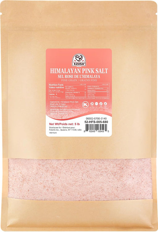 52USA Himalayan Pink Salt, Fine Grain, 80 oz (5 Pound), Pink Himalayan Sea Salt Fine, Kosher Salt, Rock Salt