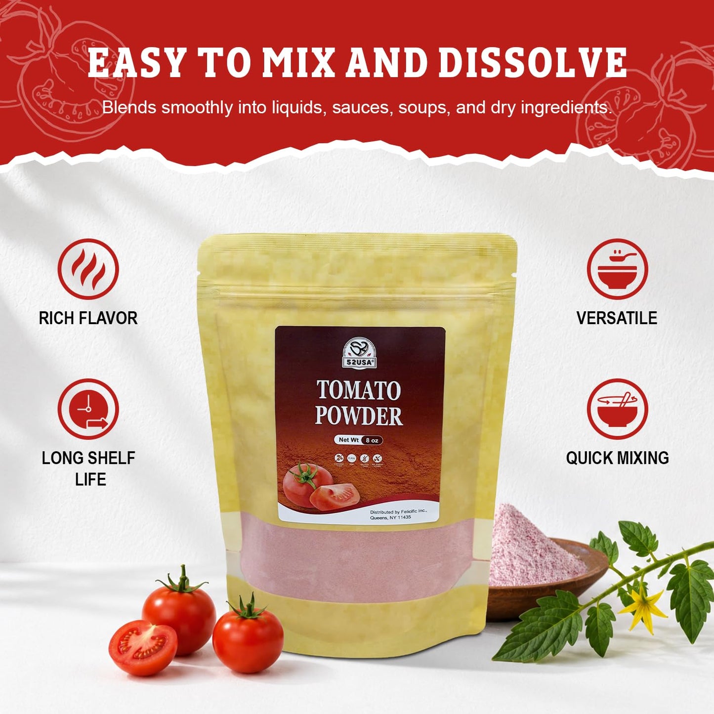 52USA Tomato Powder, 8oz, Dehydrated Tomato Powder for Cooking, Sauce, Soup, Pasta & Pizza– Rich Tomato Flavor, Fine Tomatoes Powder, Non-GMO, Vegan, Gluten Free