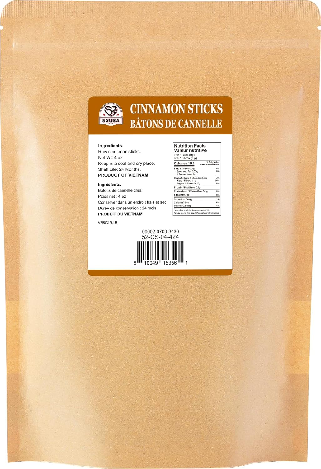 52USA Cinnamon Sticks, Cinnamon 4 oz (113g), Whole Cinnamon Sticks, 100% Raw, Kosher Certified, Gluten Free, Pure & Fresh Cinnamon, Perfect for Baking, Cooking & Beverages