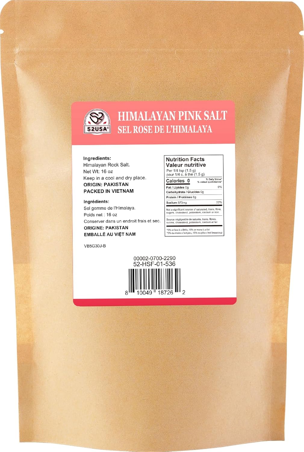 52USA Himalayan Pink Salt Fine Grain, 1 lb Resealable Bag, Pure Pink Table Salt, Natural Mineral Salt, Kosher, No Artificial Colors, No Additives, No Gluten, for Cooking, Baking, Seasoning & Daily Use