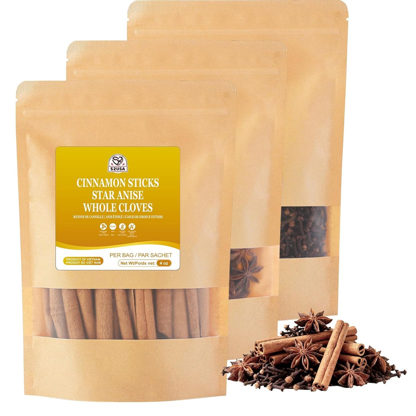 52USA Cinnamon Sticks, Star Anise, Whole Cloves - 4oz Each, All Natural Spice Set, No Preservatives, Perfect Kitchen Refill, Spice Gift Set