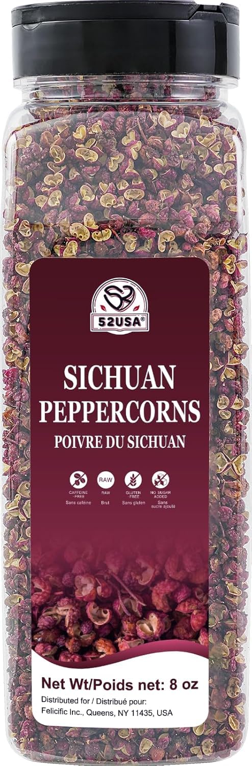52USA Szechuan Peppercorns, Sichuan Peppercorns 8oz Bottle –Authentic Whole Red Sichuan Pepper, Numbing & Tingle, Less Seeds, Strong Flavor, Essential Spice for Mapo Tofu, Hot Pot, Asian Cuisine