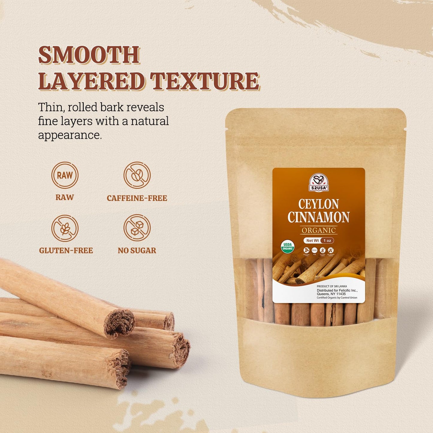 52USA Organic Ceylon Cinnamon Sticks 1 oz, Ceylon Cinnamon Stick Organic, Ceylon Ground Cinnamon farmed in Sri Lanka, Non-GMO, Cinnamon for Coffee, Baking, Cooking and Beverages