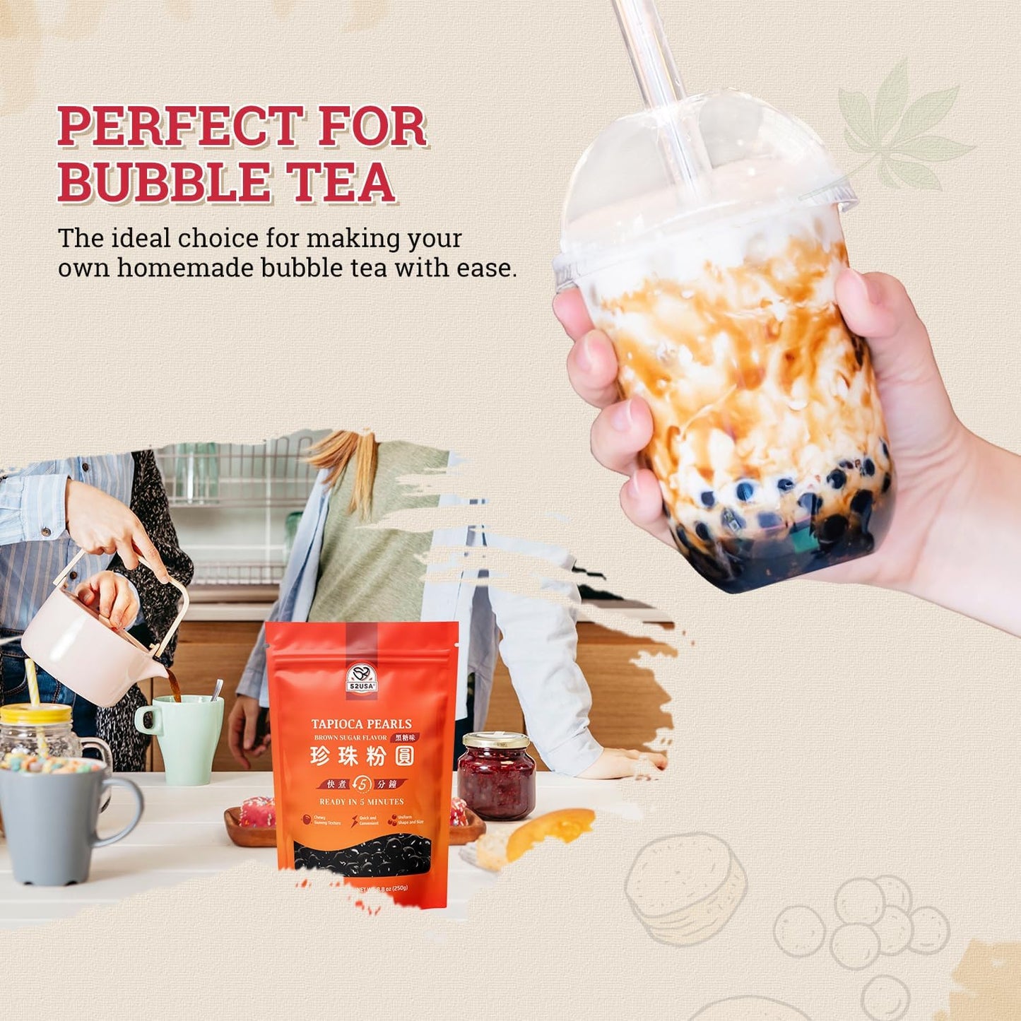 52USA Boba Tapioca Pearl, Black Sugar Flavor, Fresh Bubble Tea Pearl, 8.8 Oz (Pack of 2) – Ready in 5 Minutes, Soft & Chewy Black Tapioca Pearls for Milk Tea, Coffee, Smoothies & Desserts