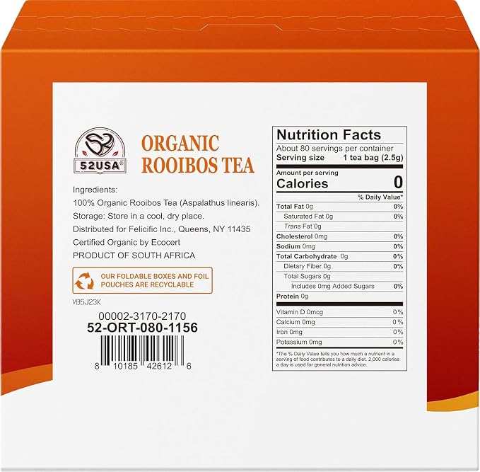 52USA Red Rooibos Tea Bags, 80 Tea Bags, Rooibos Tea Organic Pure Premium Rooibos Chai Tea, Herbal Tea, Naturally Sweet & Caffeine-Free, Farmed in South Africa, USDA Organic, 7oz (200g)