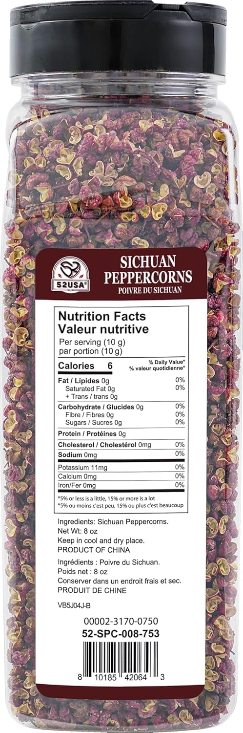 52USA Szechuan Peppercorns, Sichuan Peppercorns 8oz Bottle –Authentic Whole Red Sichuan Pepper, Numbing & Tingle, Less Seeds, Strong Flavor, Essential Spice for Mapo Tofu, Hot Pot, Asian Cuisine