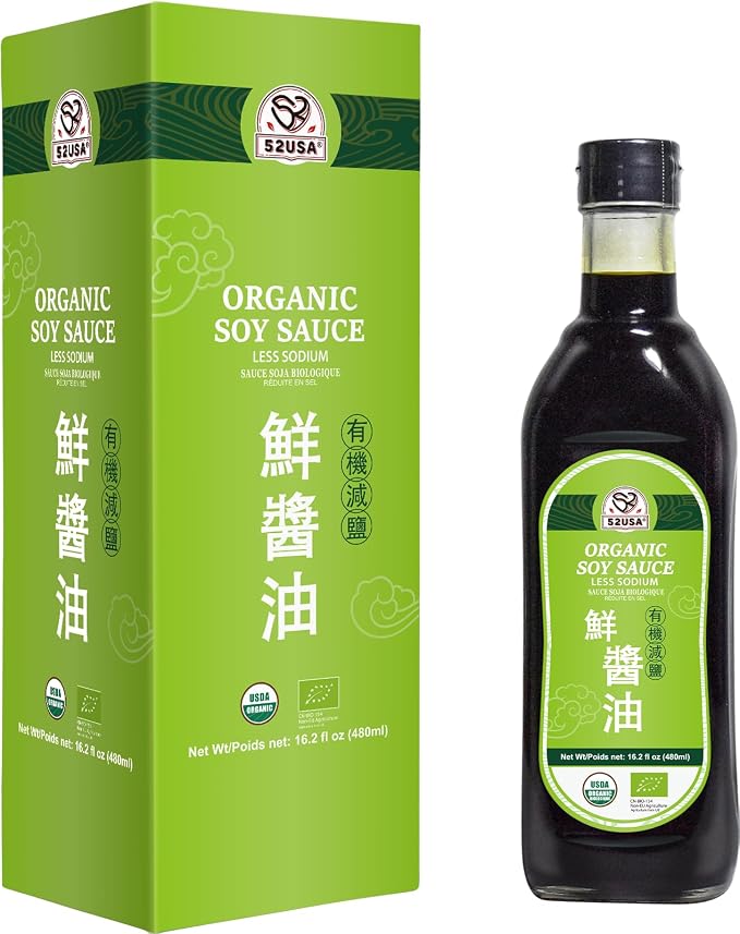 52USA Organic Soy Sauce, Less Sodium, USDA Organic, 16.2 FL OZ (480ml) Premium Naturally Brewed Less Sodium Dark Soy Sauce, Pure Ingredients, Marinade for Fish, Meat & Roasted Vegetables