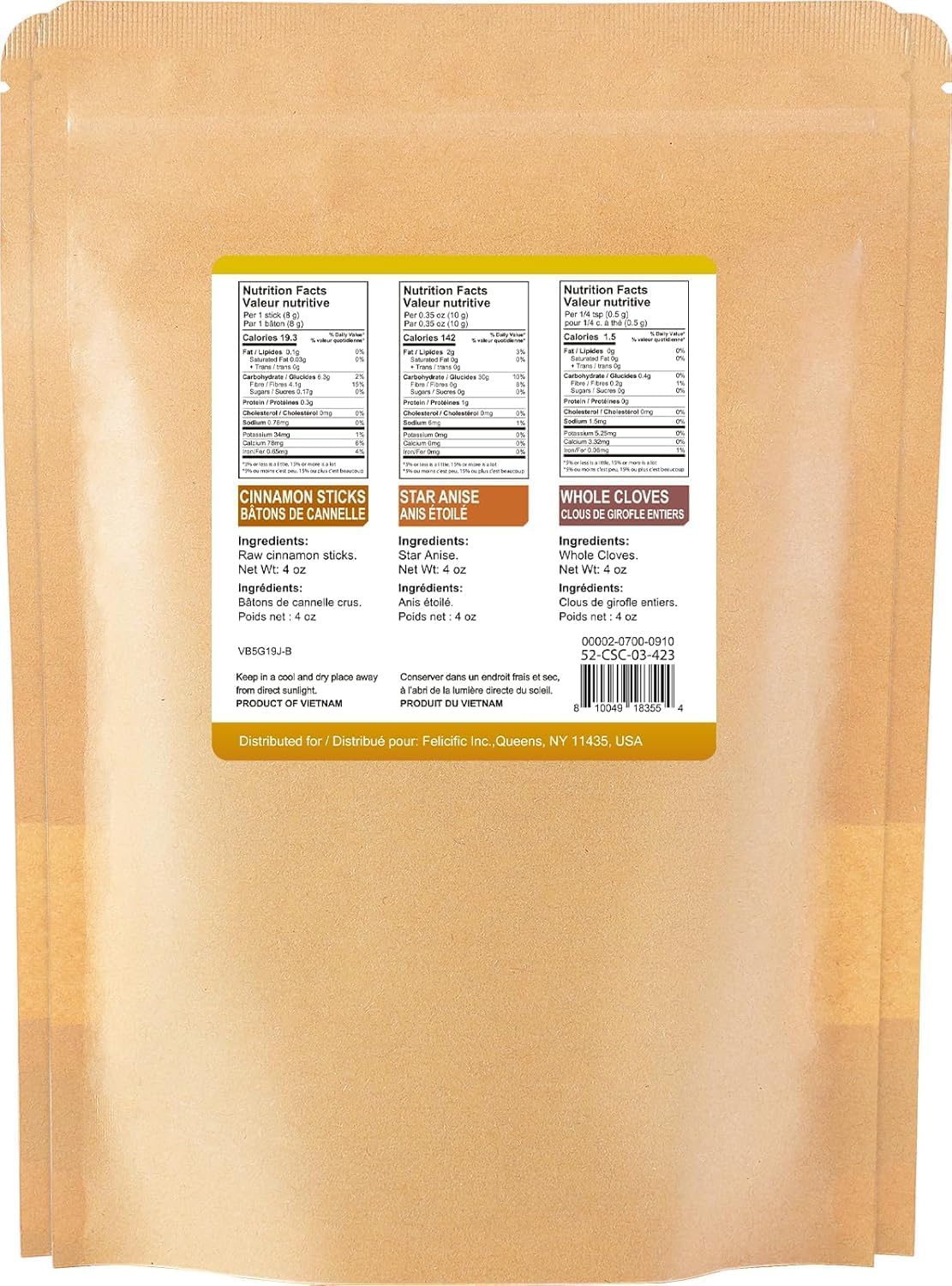 52USA Cinnamon Sticks, Star Anise, Whole Cloves - 4oz Each, All Natural Spice Set, No Preservatives, Perfect Kitchen Refill, Spice Gift Set