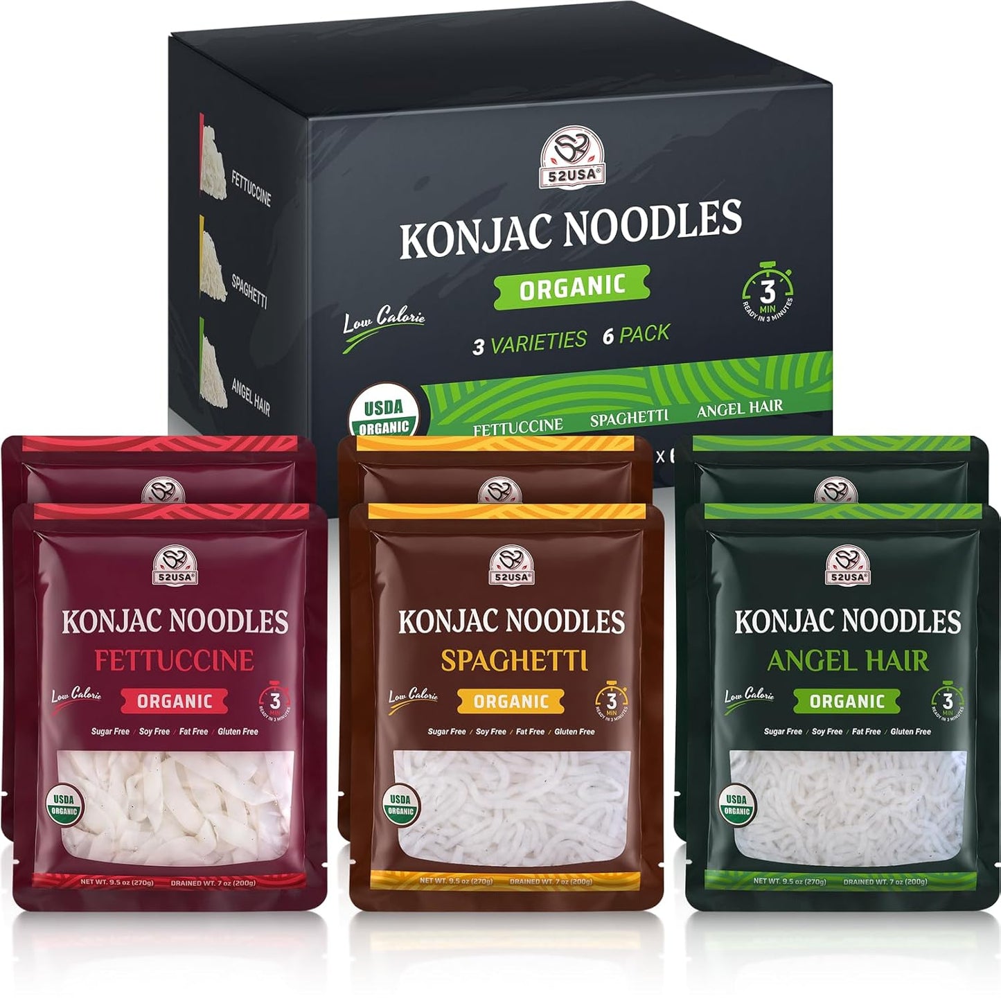 52USA USDA Organic Konjac Shirataki Noodle, Low Carb Pasta 52.8 Oz, 6 Pack 3 Variety-Angel Hair, Fettuccine, Spaghetti Noodles, Keto and Paleo Friendly, Low Calorie, Sugar Free, Vegan, Ready to Eat