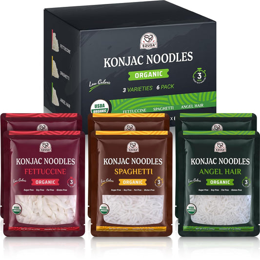 52USA USDA Organic Konjac Shirataki Noodle, Low Carb Pasta 52.8 Oz, 6 Pack 3 Variety-Angel Hair, Fettuccine, Spaghetti Noodles, Keto and Paleo Friendly, Low Calorie, Sugar Free, Vegan, Ready to Eat