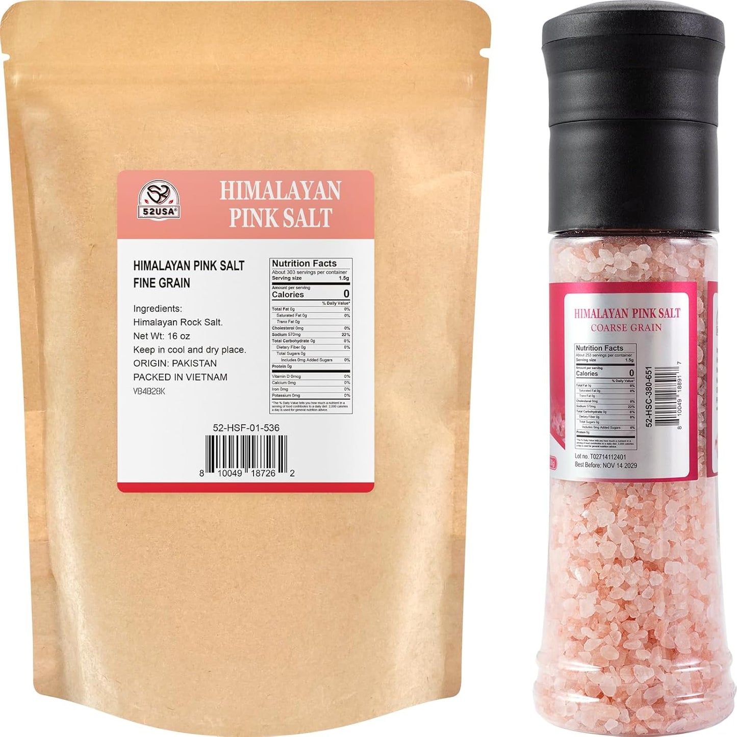 52USA Coarse Grain Pink Salt 380G + Pink Himalayan Fine Salt 1LB Bag, Natural Unrefined Himalayan Pink Salt Combo for Cooking, Baking, Grilling & Daily Seasoning