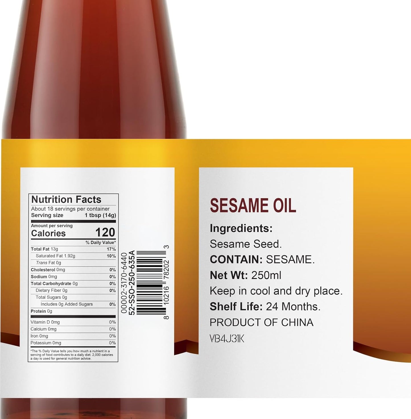52USA Sesame Oil, Toasted Sesame Oils, Sesames Oil Cooking, 8.45 Fl Oz (250 ml)–Premium Toasted Sesame Seed Oil, Aromatic & Nutty Flavor, 100% Pure Sesame Oil, Ideal for Asian Cooking, Baking, Soup