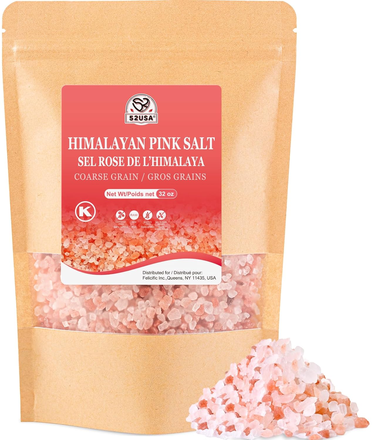 52USA Himalayan Pink Salt Coarse, Pink Himalayan Sea Salt, Coarse Grain 2 lb, Himalayan Salt, Pink Salt, Rock Salt for Grinder Refill, No Artificial Colors, No Additives, No Gluten, Kosher Certified