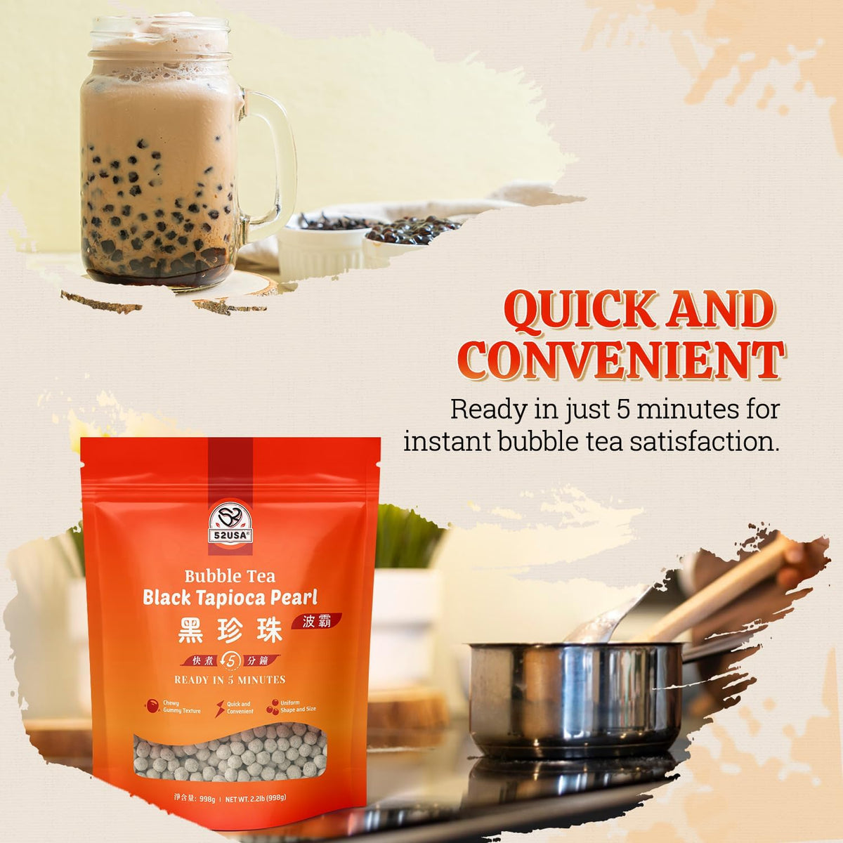 52USA Boba Tapioca Pearls 2.2LB, Fresh Bubble Tea Pearl Quick Cook Black Plearls for Milk Tea, Smoothies, Desserts and Drinks-Ready in 5 Minutes