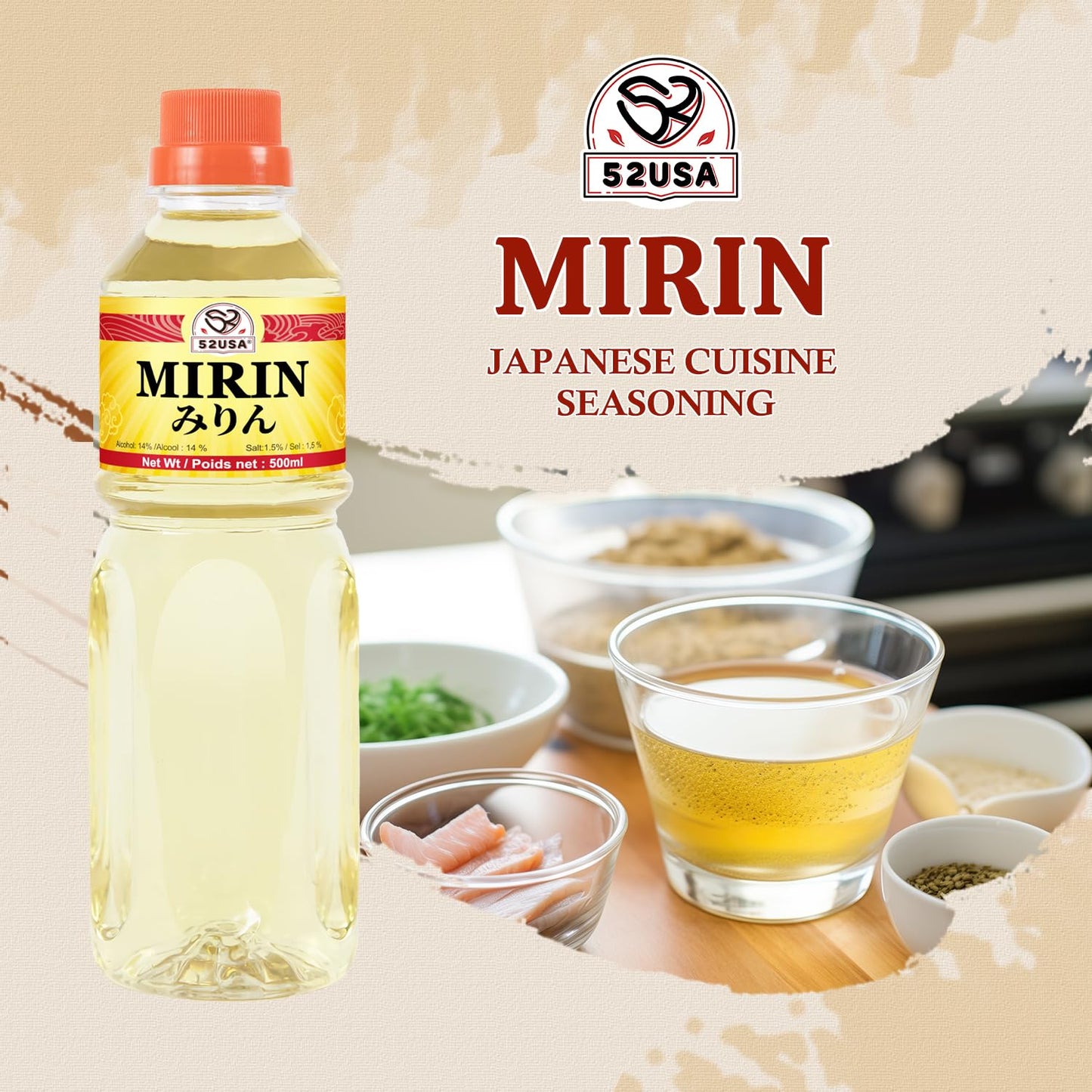 52USA Mirin Cooking Wine, Authentic Japanese Seasoning for Sauces Japanese Mirin for Teriyaki Sauce, Marinades, and Glazes, 16.9 FL OZ Bottle