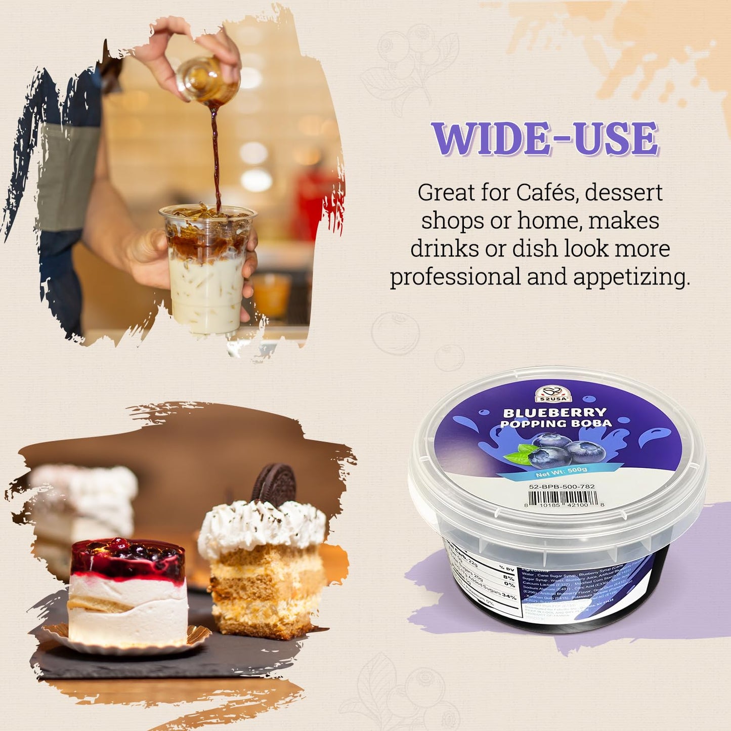 52USA Blueberry Popping Boba 500g (1.1 lb) – Bursting Pearls for Bubble Tea, Desserts, Ice Cream, Smoothies & Drinks