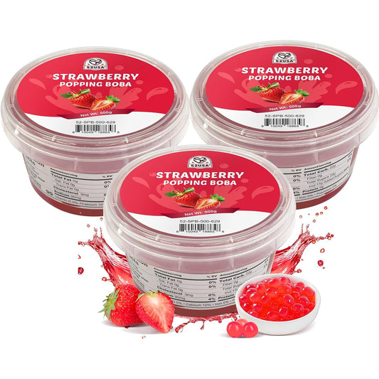 52USA Strawberry Popping Boba 500g (Pack of 3), Bursting Boba Pearls for Bubble Tea, Beverages, Sweets, Ice Cream, Shakes, Desserts & Smoothies Topping, boba party kit 1.1 Pound