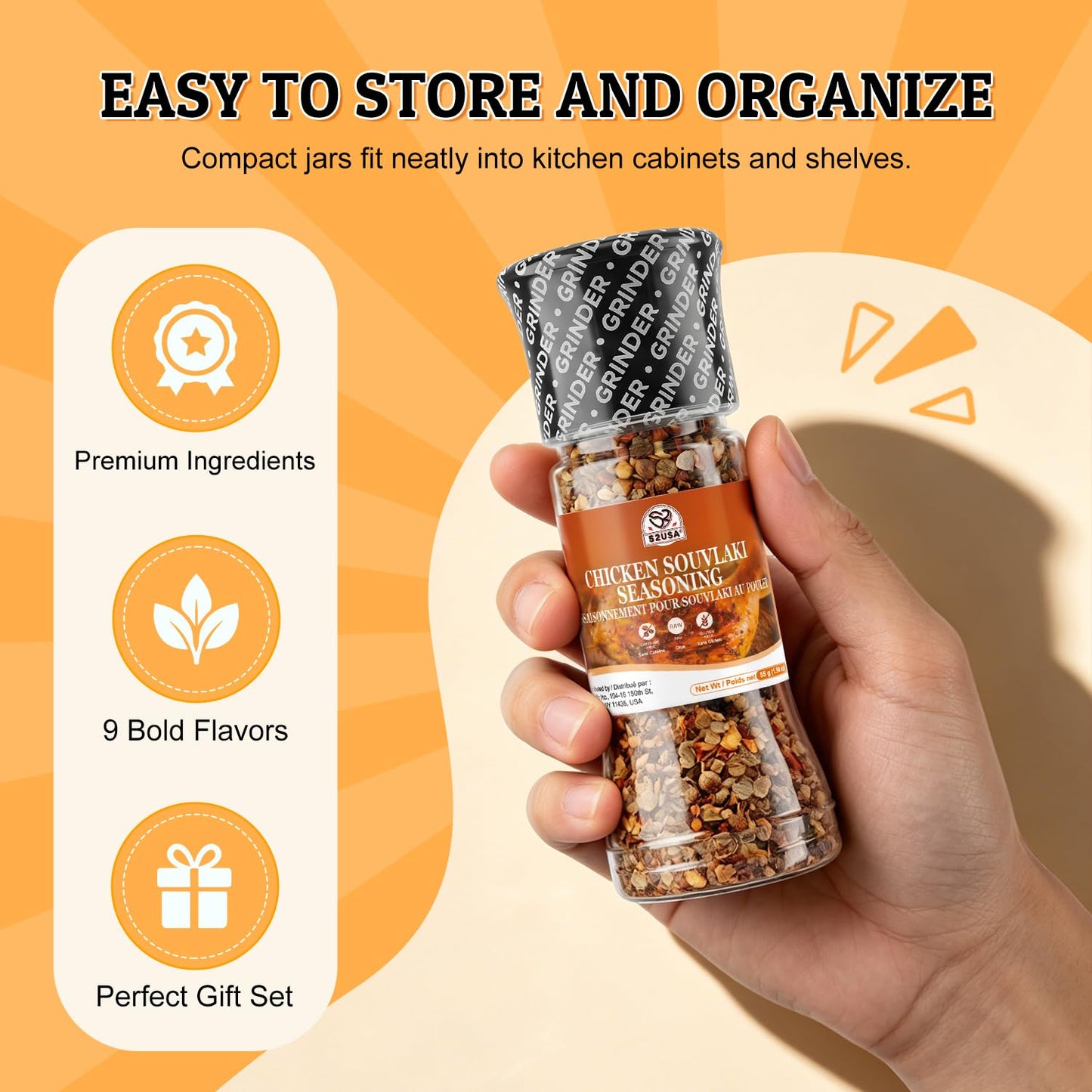 52USA Spice Grinder Seasoning Set of 9, Medfusion Seasoning Set, Assorted Regional Seasoning Blends, All Purpose 9-in-1 Blend for Cooking, Grilling, Marinating & Daily Kitchen Use