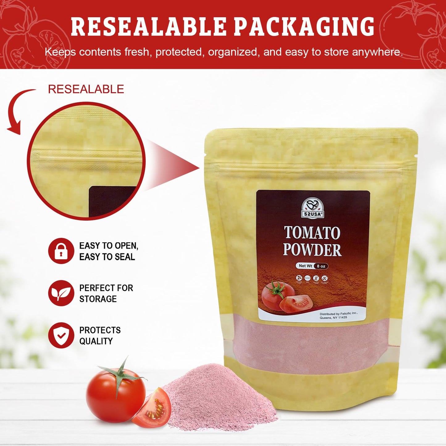 52USA Tomato Powder, 8oz, Dehydrated Tomato Powder for Cooking, Sauce, Soup, Pasta & Pizza– Rich Tomato Flavor, Fine Tomatoes Powder, Non-GMO, Vegan, Gluten Free